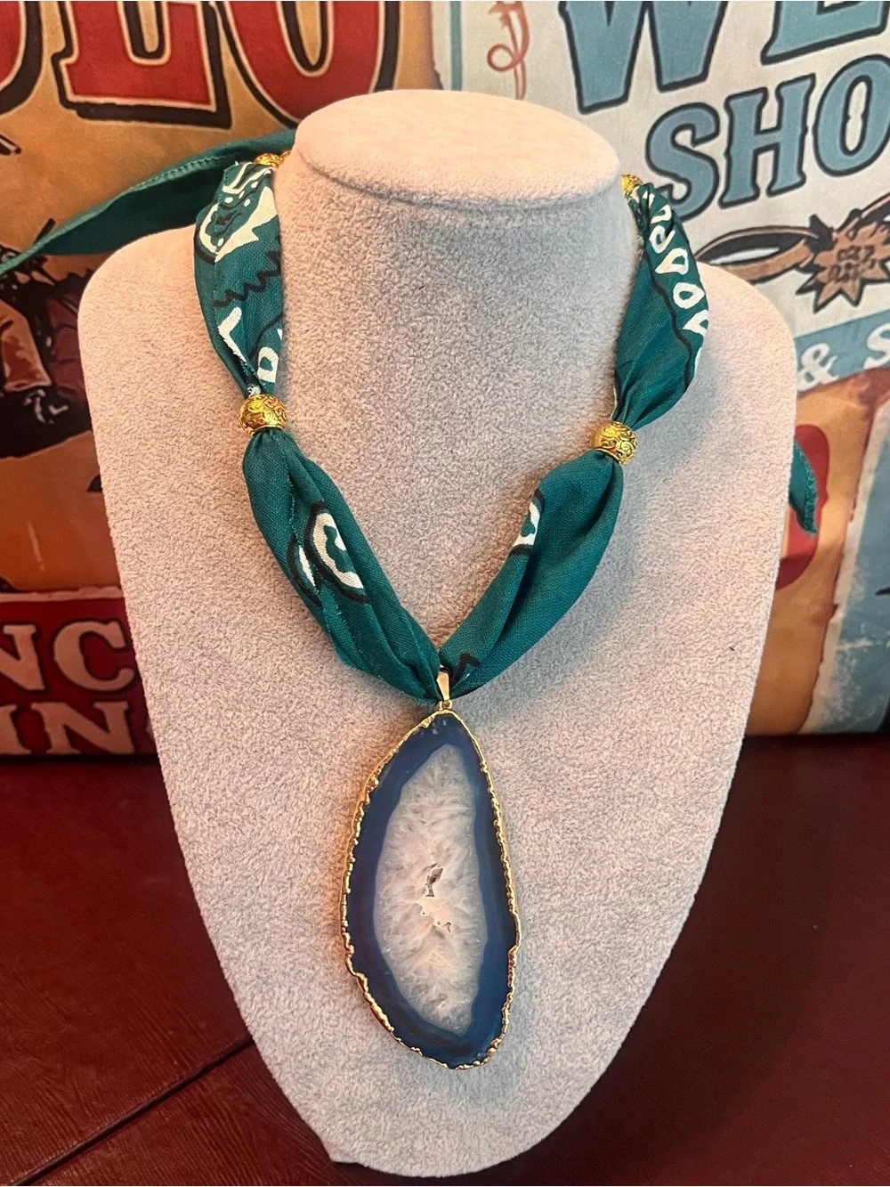 Western Bohemian Peacock Bandana with a Teal Agate Druzy Slice Statement Piece
